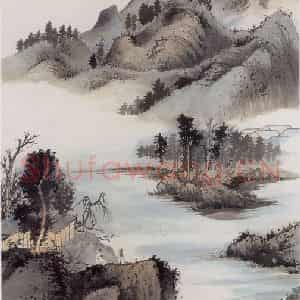 张大千《水面晴霞图》国画山水作品图片鉴赏