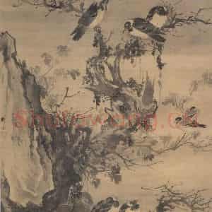 明代 林良《古木寒鸦图》国画花鸟作品图片鉴赏