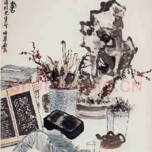 1964年 郭味蕖《学书》国画花鸟兼工带写作品图片鉴赏