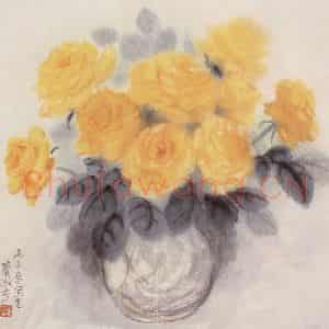 1995年 萧淑芳《黄月季》国画花鸟作品图片鉴赏