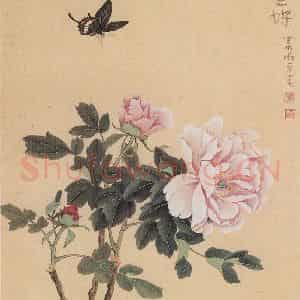 60年代 萧淑芳《移花兼蝶》国画花鸟作品图片鉴赏