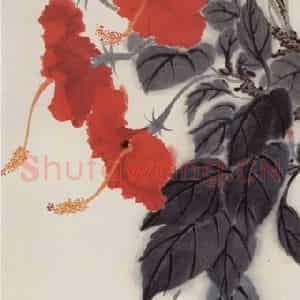 80年代 萧淑芳《垂扶桑》国画花鸟作品图片鉴赏