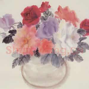 80年代 萧淑芳《瓶花月季》国画花鸟作品图片鉴赏