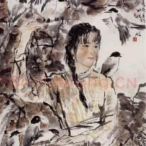 1980年 吴山明《灰喜鹊饲养女》国画综合作品图片鉴赏
