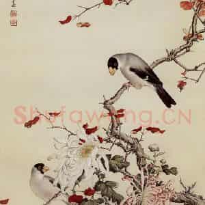 1959年 马晋《秋菊双禽》国画花鸟作品图片鉴赏