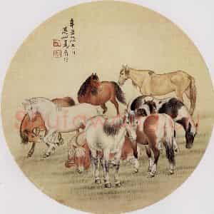 1961年 马晋《八骏团扇》国画花鸟作品图片鉴赏