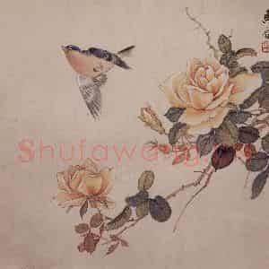 1961年 马晋《月季小鸟》国画花鸟作品图片鉴赏