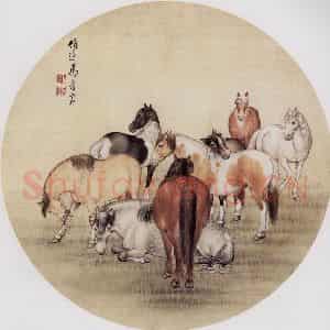 1961年 马晋《八骏团扇》国画花鸟作品图片鉴赏
