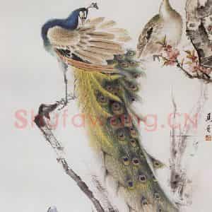 1964年 马晋《桃花孔雀》国画花鸟作品图片鉴赏