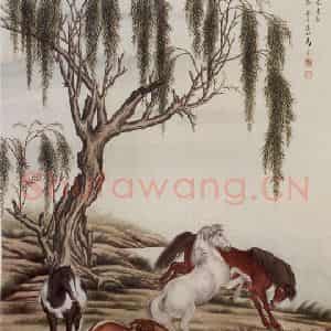 1930年 马晋《柳下四骏》国画花鸟作品图片鉴赏