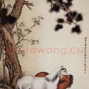1942年 马晋《松荫双骏》国画花鸟作品图片鉴赏