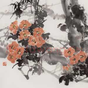 1981年 王晋元《二月茶花耀眼红》国画花鸟写意作品图片鉴赏