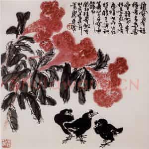 1963年 许麟庐《庭院秋趣》国画花鸟写意作品图片鉴赏