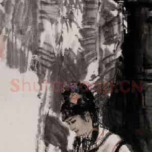 2001年 杜滋龄《雨打芭蕉》国画人物作品图片鉴赏