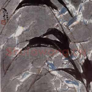 2001年 隋易夫《群蛙游水》国画花鸟作品图片鉴赏