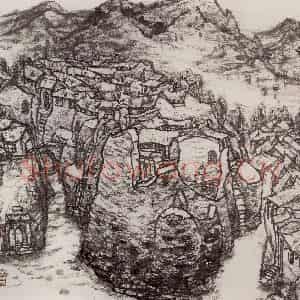 1999年 李宝林《燕山村居图》国画山水作品图片鉴赏