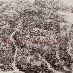 1999年 李宝林《燕山石村》国画山水作品图片鉴赏