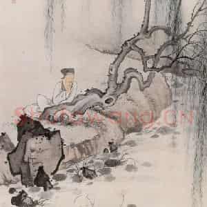 近现代 陈少梅《倚柳赏荷》国画综合作品图片鉴赏