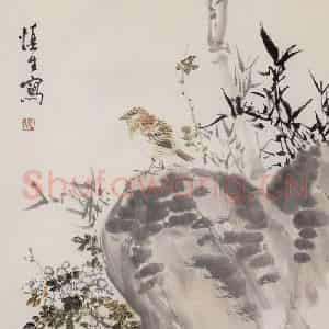 1962年 汪慎生《竹石麻雀》国画花鸟写意作品图片鉴赏