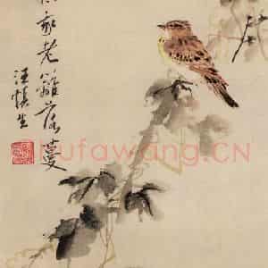 60年代 汪慎生《牵牛花小鸟》国画花鸟写意作品图片鉴赏