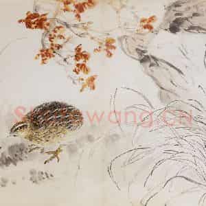 60年代 汪慎生《红叶鹌鹑》国画花鸟兼工帯写作品图片鉴赏