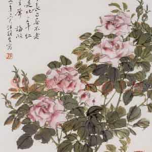 1951年 汪慎生《月季》国画花鸟工笔作品图片鉴赏