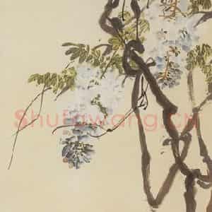 50年代 汪慎生《紫藤双鸡》国画花鸟兼工帯写作品图片鉴赏