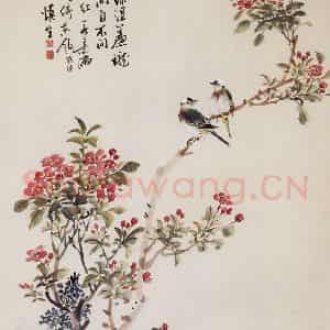 50年代 汪慎生《海棠花白头翁》国画花鸟兼工帯写作品图片鉴赏