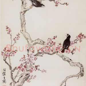 1961年 汪慎生《桃花八哥》国画花鸟兼工帯写作品图片鉴赏