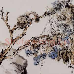 1992年 朱屺瞻《松鼠葡萄》国画花鸟作品图片鉴赏