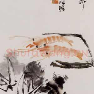 1992年 朱屺瞻《虾·蟹·菜》国画综合作品图片鉴赏