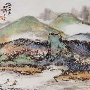 1992年 朱屺瞻《深山古寺》国画山水作品图片鉴赏