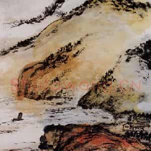 1984年 朱屺瞻《湖心看尽山》国画山水作品图片鉴赏