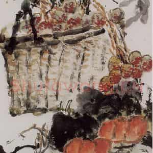1991年 朱屺瞻《荔枝北瓜》国画花鸟作品图片鉴赏