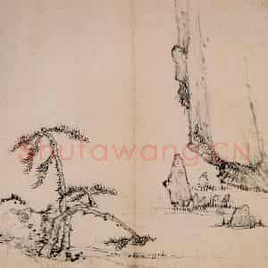 清代 弘仁《临水双松图页》国画山水作品图片鉴赏