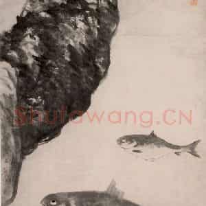 清代 朱耷《湖石鱼鸟图轴》国画花鸟作品图片鉴赏