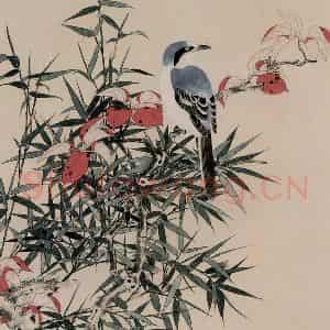 1947年 谢稚柳《枫叶竹禽图》国画花鸟作品图片鉴赏