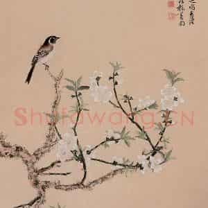 1947年 谢稚柳《桃花鸣禽图》国画花鸟作品图片鉴赏