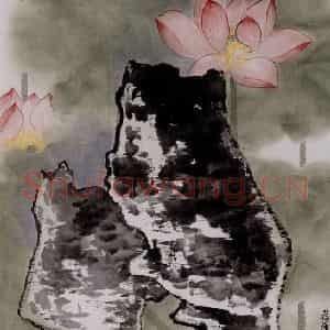 1979年 谢稚柳《红莲拳石图》国画花鸟作品图片鉴赏