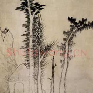 清代 龚贤《疏林茅屋图轴》国画山水作品图片鉴赏