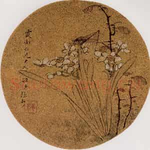 清代 张敬修《水仙草虫图团扇面》国画花鸟作品图片鉴赏