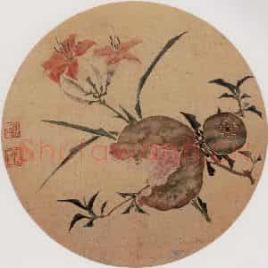 清代 张敬修《萱花石榴图团扇面》国画花鸟作品图片鉴赏