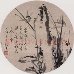 清代 张嘉谟《籣石图团扇面》国画花鸟作品图片鉴赏