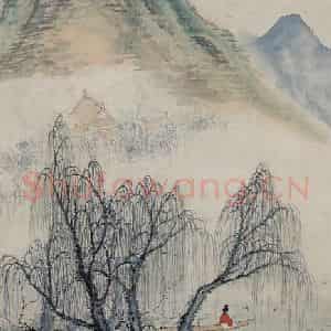 清代 李凤廷《柳堤春泊图轴》国画山水作品图片鉴赏