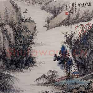 清代 卢子枢《石门远望图横幅》国画山水作品图片鉴赏