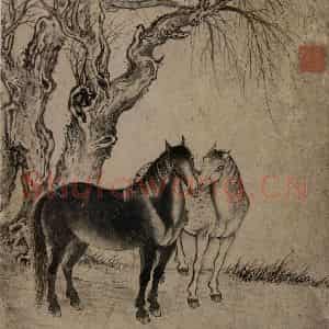 清代 张穆《古树双马图册》国画花鸟作品图片鉴赏