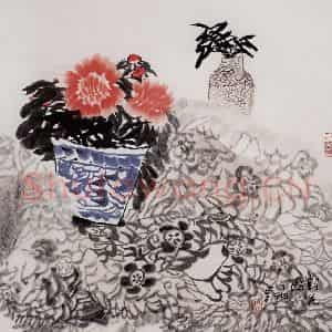 2000年 冯今松《对花图》国画花鸟作品图片鉴赏