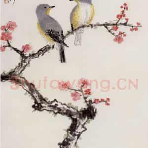 谢稚柳《桃花双雀》国画花鸟作品图片鉴赏