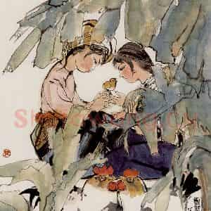 程十发《蕉荫有吉图》国画人物作品图片鉴赏
