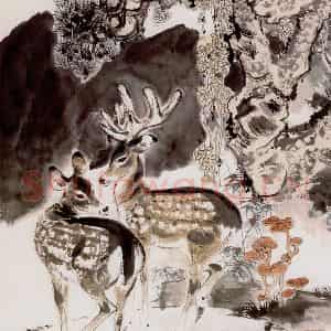 刘旦宅《老松双鹿图》国画花鸟作品图片鉴赏